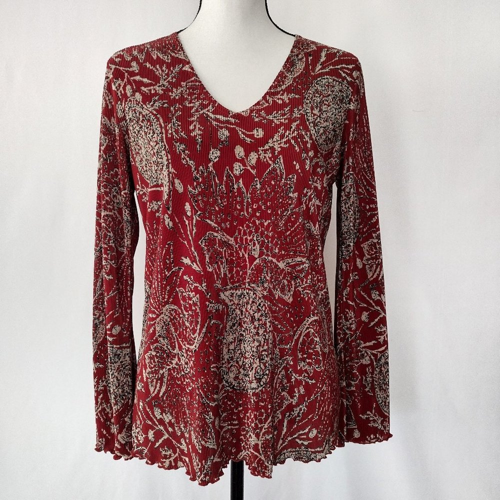 Plisse Red Accordion Pleat Long Sleeved V Neck Blouse